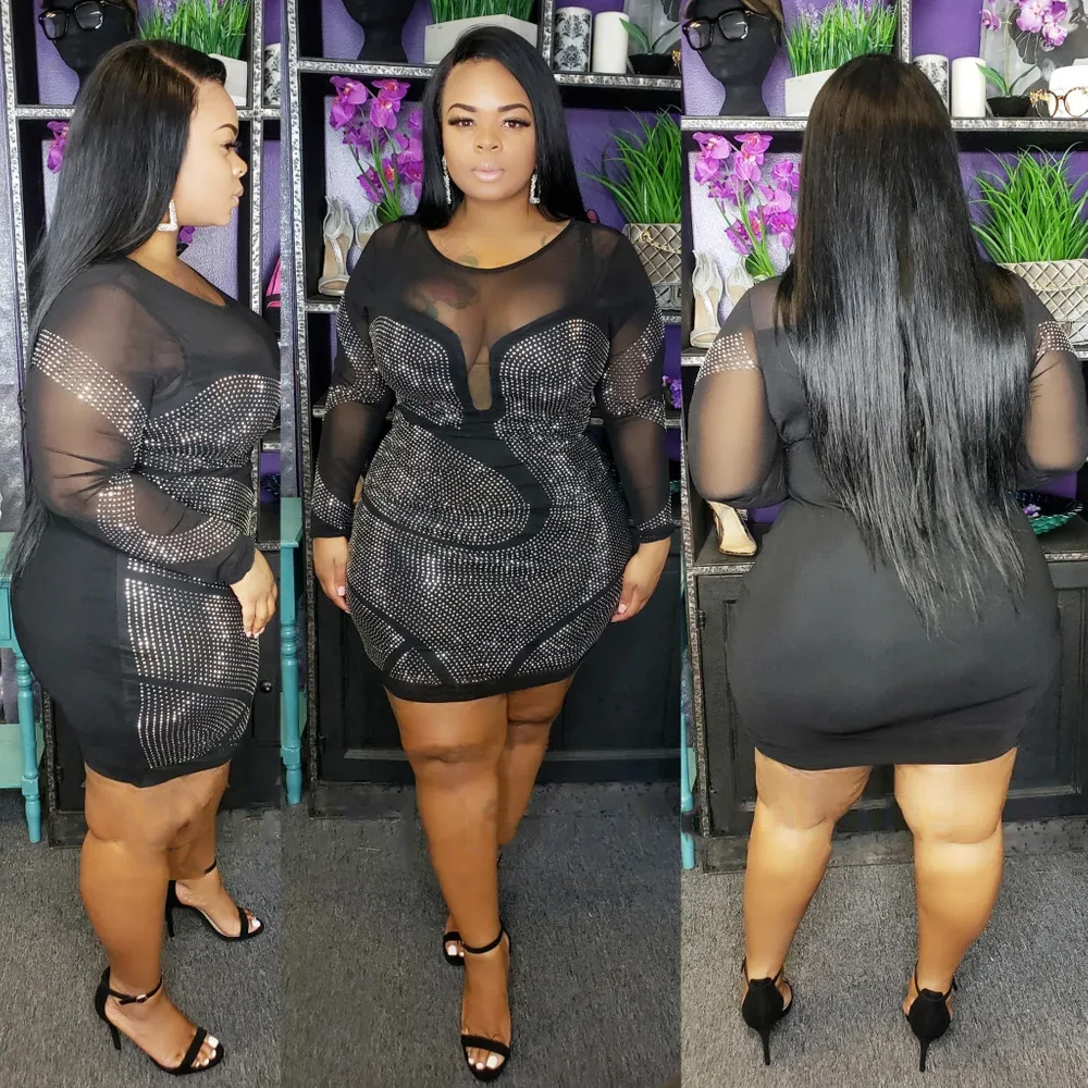 

Yf1033 Plus-sized Women's European And American-Style Hot Selling Dress Hot Drilling Sexy Repair Dress