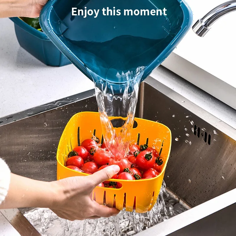 

Home Kitchen Plastic Storage Rack Double Wash Drain Basket Multi-function Portable Stretch Fruit Strainer Vegetable Wash Basket