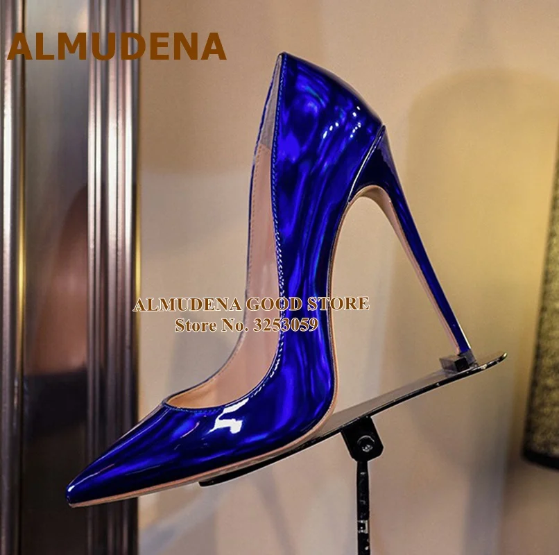 

ALMUDENA 12cm Fluorescent Purple Pointed Toe Pumps Stiletto Heels Patent Leather Shallow Dress Shoes Iridescent Wedding Heels