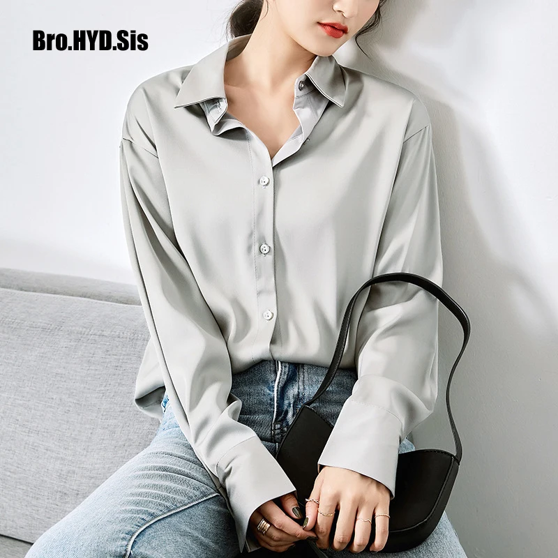 

Chic Women Button Down Shirts Long Sleeve Regular Fit Turn-down Collar White Satin Silk Solid Lady Blouse Office Work Tops