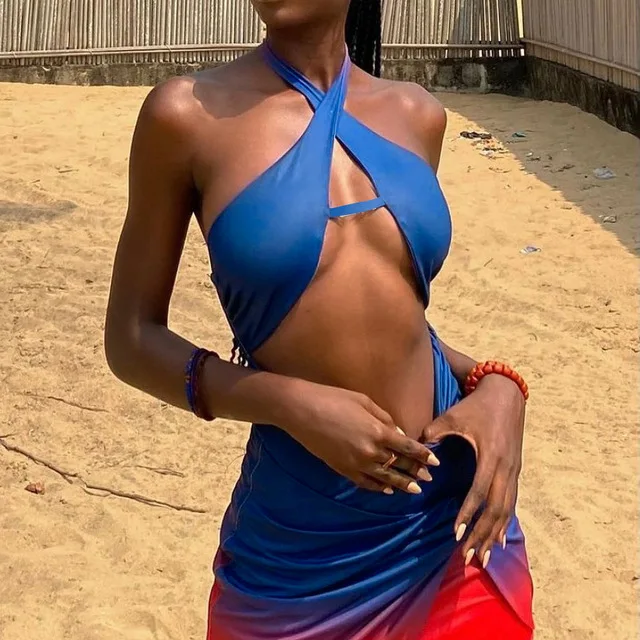 

Bodycon Dress Sexy Halter Hollow Out Fold Gradual Change Dress Women's Wear Summer Clothes For Women