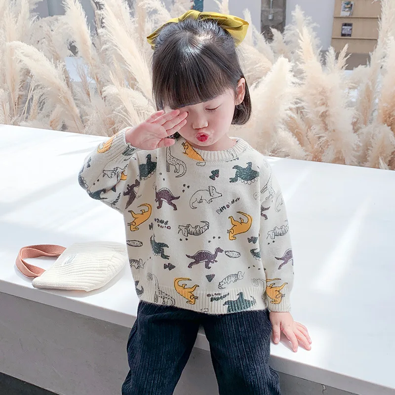 

Girls cartoon dinosaur print sweater children autumn thin knit sweater girl baby cute cotton bottoming shirt