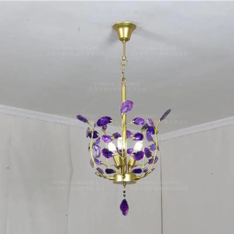 Современный золотой подвесной светильник LED фиолетовый натуральный агат Лофт