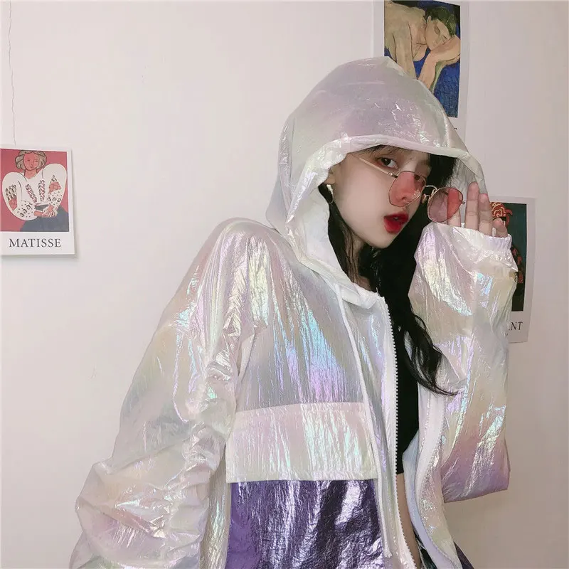 Летний жакет Для женщин Лазерная Глянцевая с капюшоном куртка из ткани защитой