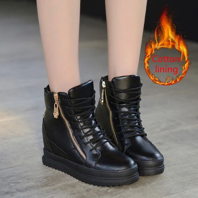 black Cotton lining Белые туфли с высоким берцем; женская повседневная обувь на платформе; женская модная повседневная обувь; женские кроссовки на танкетке; женская обувь; коллекция года; ботильоны - Цвет: black Cotton lining