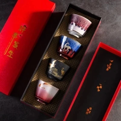 

Cranes four cups of kiln cup tea set gift set master cup office meeting gifts customized gifts Cranes four cups of kiln cup tea