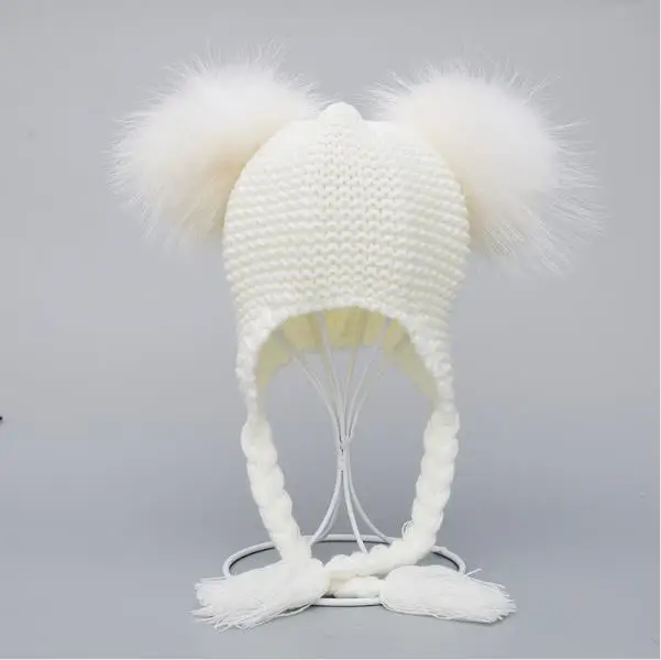 Детская шапка с меховым помпоном детская зимняя вязаная шапка-ушанка двумя