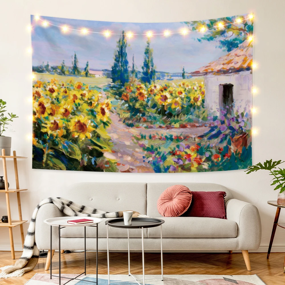 

Laeacco Abstract Flowers Prints Tapestry Sunflowers Filed Maple Forest Wall Hangings Modern Home Bedside Decor Carpet Polyester