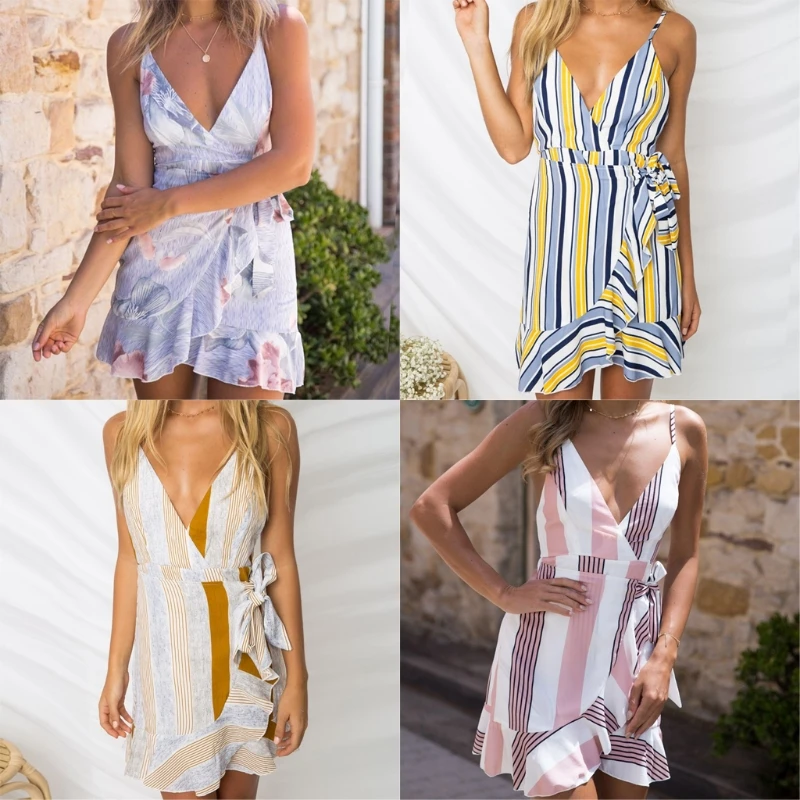 

Women Summer Bandage Spaghetti Strap V Neck Ruffle Hem Stripe Mini Sundress Sexy