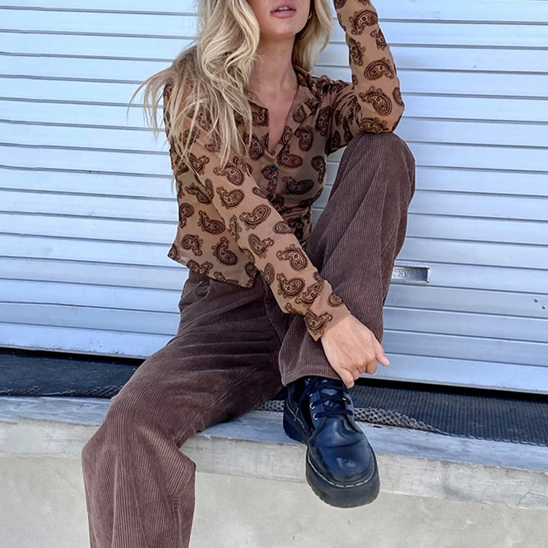 

Long Sleeve Print Y2K Crop Top Women Spring Summer V Neck 2021 Coffee Casual T Shirts Sexy Party Vintage 90S Tee