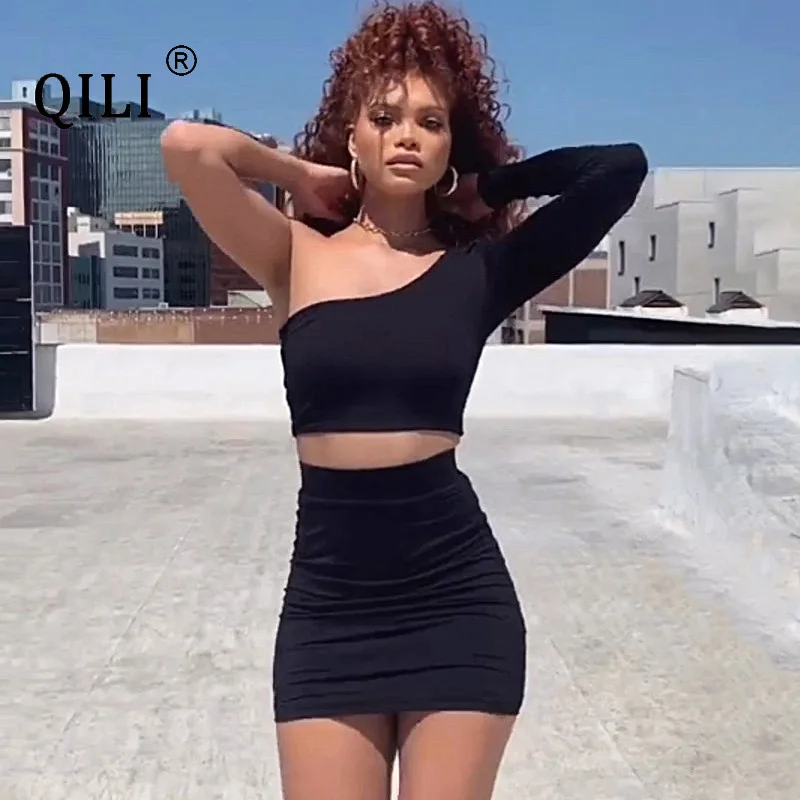 

Женское Короткое платье QILI, черный комплект из двух предметов, Сексуальные вечерние Клубные платья мини с длинным рукавом