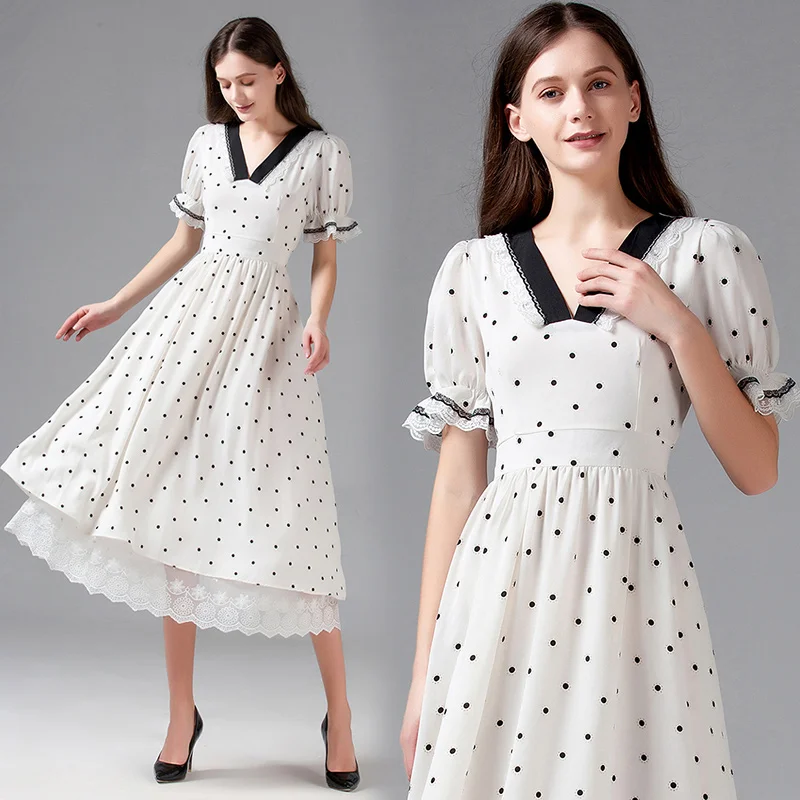 High Quality Summer 2020 New Women'S Fashion Party Workplace Casual Elegant Chic Dot Print Lace Stitching White Midi Dress | Женская