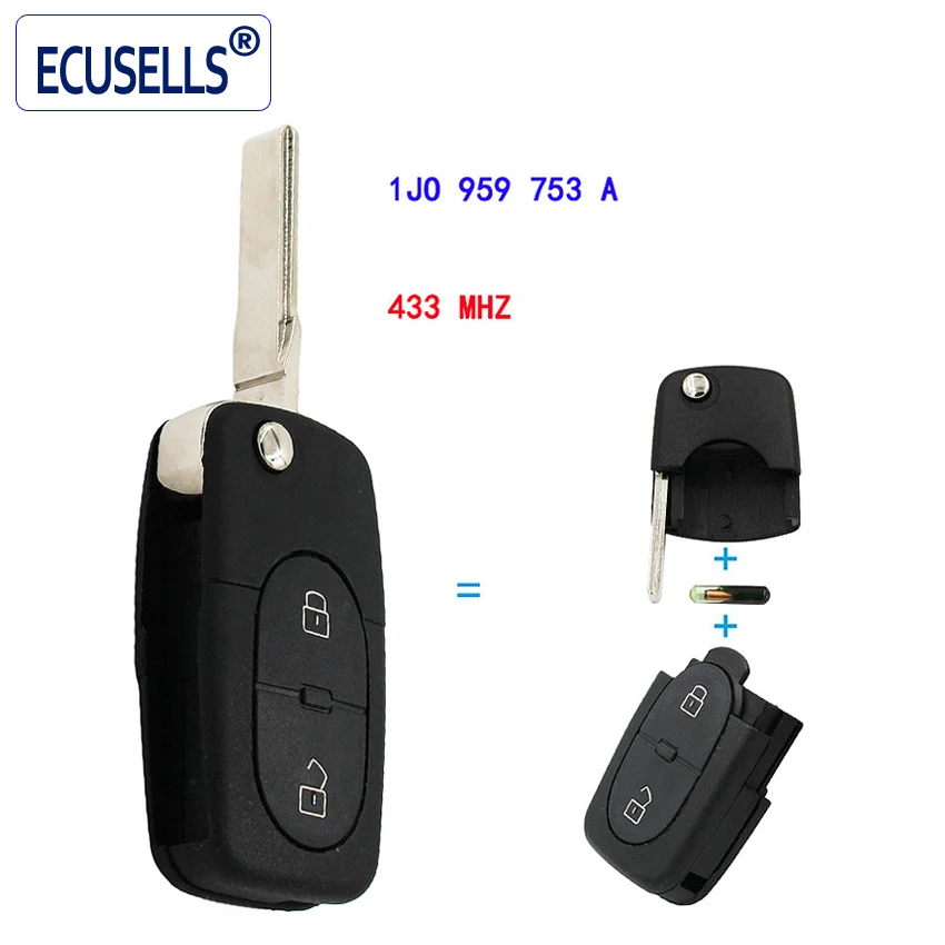 2 кнопки 433 Мгц дистанционный ключ 1J0 959 753 A для VW PASSAT GOLF MK4 1998-2000 с чипом ID48 |