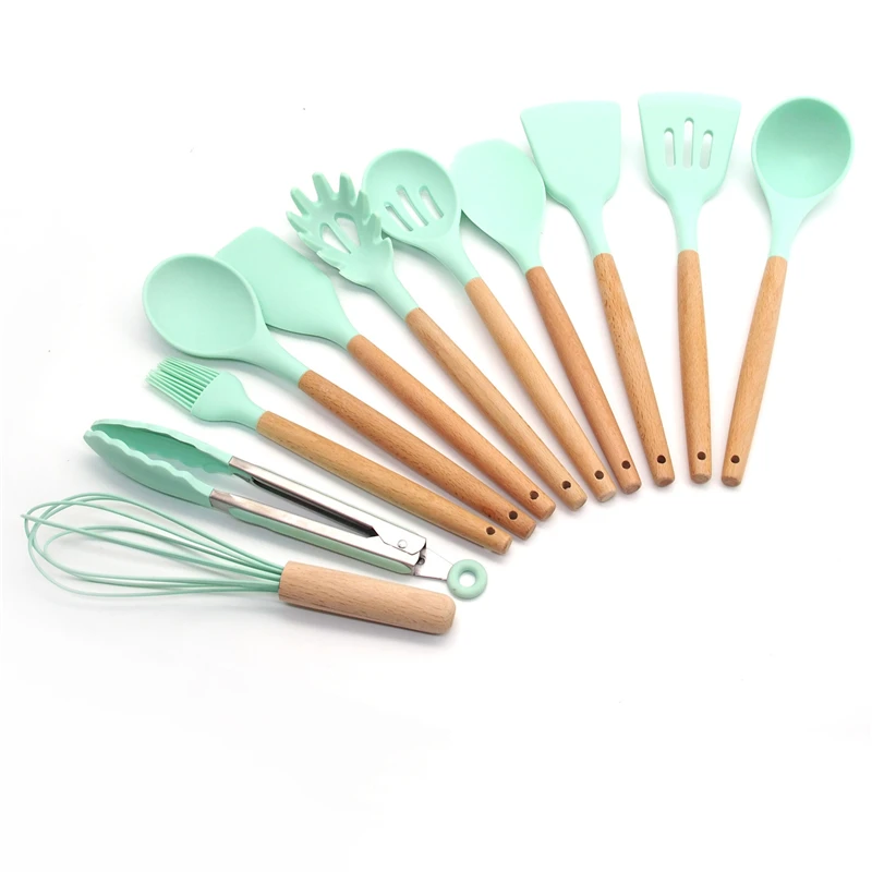 11-Pcs kitchen set 11-13 шт Силиконовая кухонная утварь набор кухонной утвари антипригарный шпатель Премиум деревянная ручка с ящиком для хранения кухонные инструменты - Цвет: 11-Pcs kitchen set