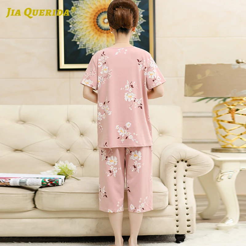 Розовый Пижамный комплект для женщин короткий рукав укороченные брюки круглый