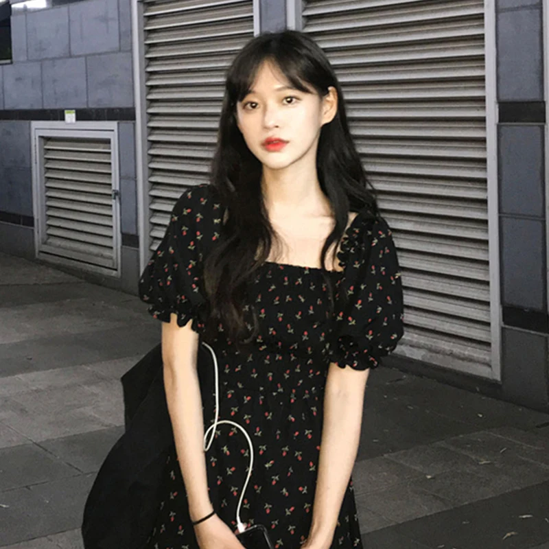 

French Style Black Retro Square Collar Puff Sleeve Chiffon Floral Dress Female Girlish Style Student Summer Petite Short Dress