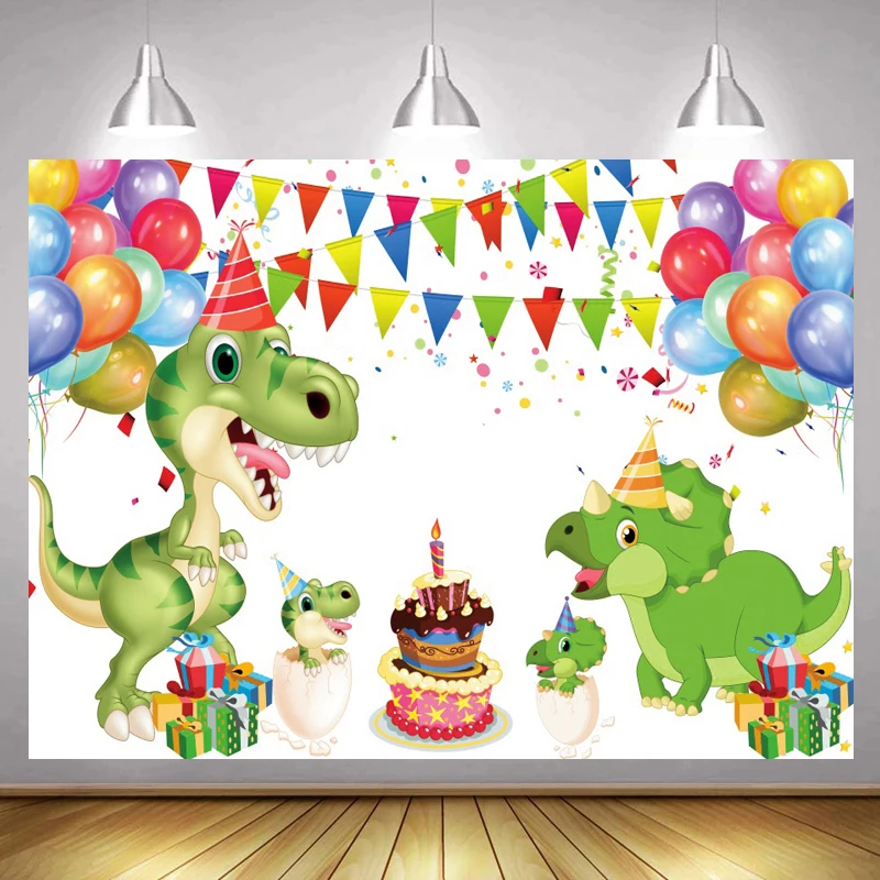 

Красочные воздушные шары флаги мультфильм Динозавр фото фон торт стол Декор Дети День Рождения Вечеринка фоны настенный постер