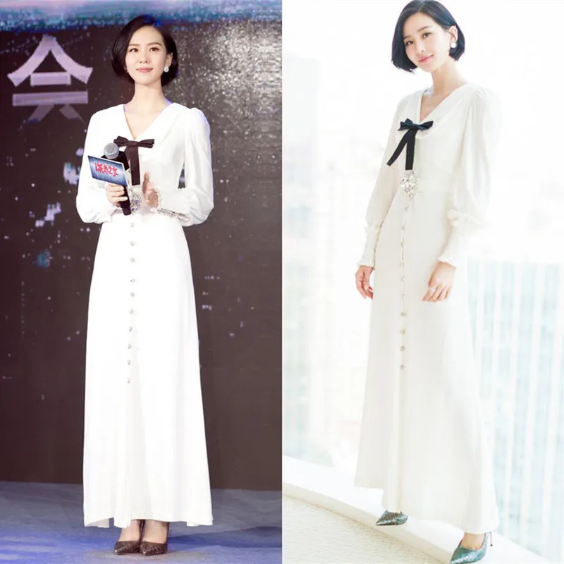 

2021 star Liu Shishi same Korean white collar long sleeve dress bowknot single breasted long skirt female spring