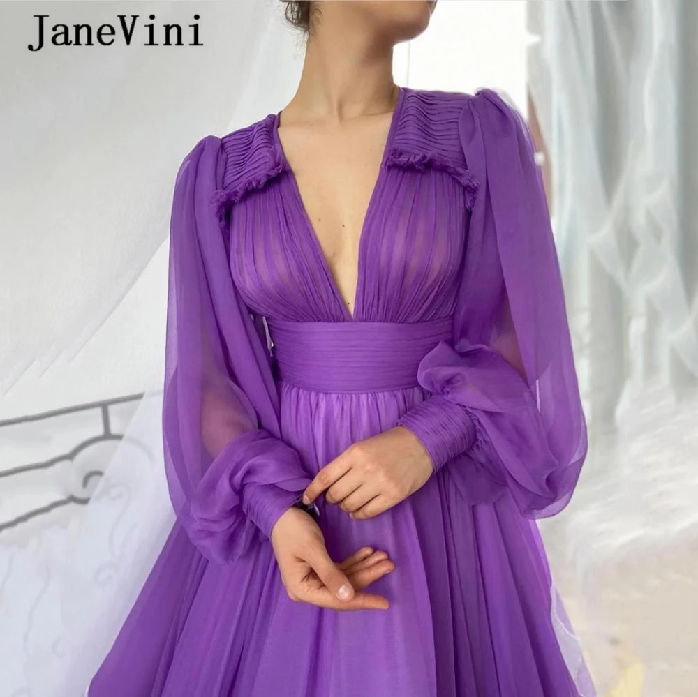 JaneVini Elegant Purple Chiffon Dubai Evening Dresses with Puffy Long Sleeve Dress 2020 V Neck A Line Simple Women Party Gowns | Свадьбы и