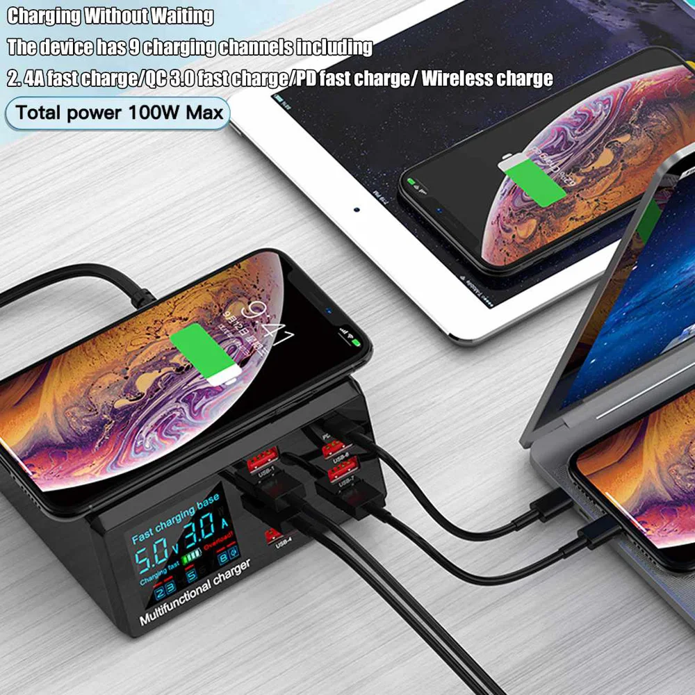 Фото 100 Вт PD QC 3.0 Подставка для быстрого зарядного устройства Multi USB HUB Светодиодный 100 Вт PD QC 3.0 Подставка для быстрого зарядного устройства Multi USB HUB Светодиодный