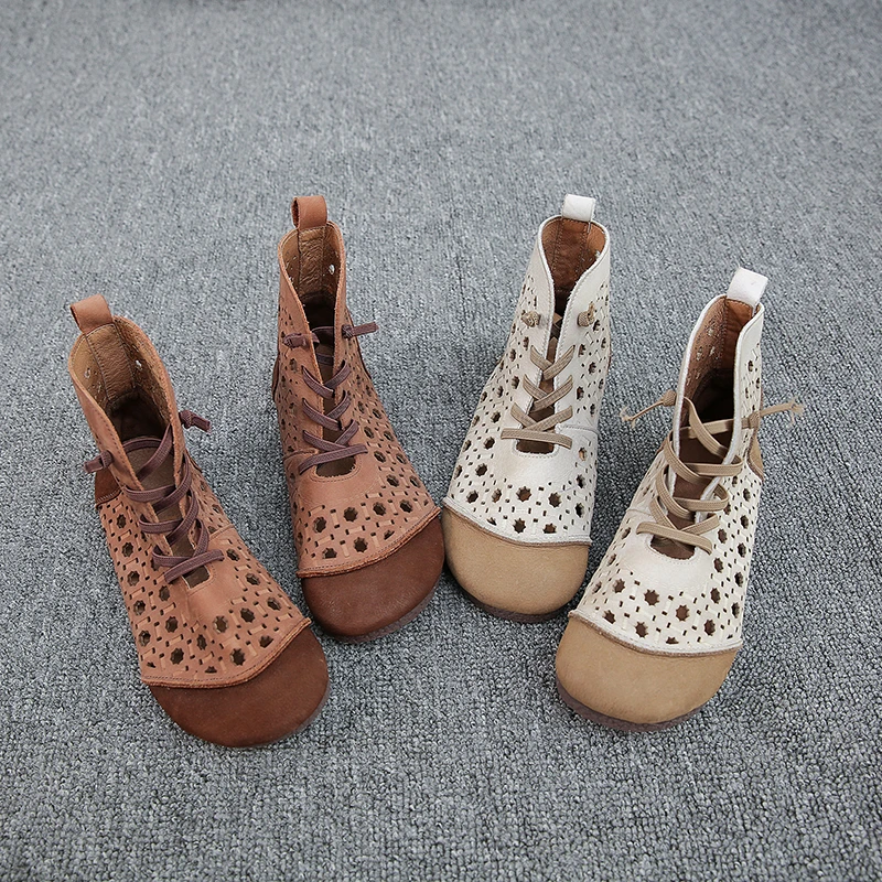 

Lucyever Retro Hollow Out Flat Ankle Boots for Women 2021 Casual Lace Up Patchwork Rome Shoes Woman Round Toe Breathable Sandals