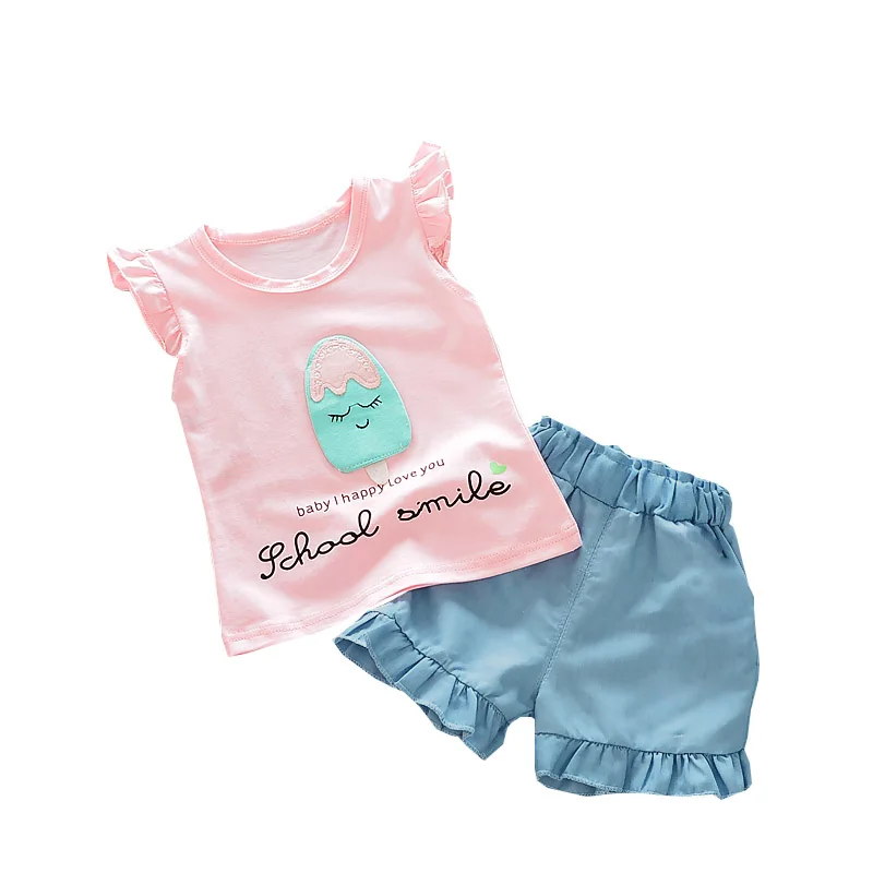 Новые летние повседневные комплекты одежды для маленьких девочек хлопковые топы