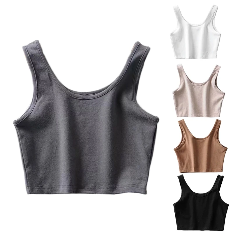 

Women Summer Sleeveless Tank Crop Top Scoop Neck Racerback Solid Color Camisole Vest Slim Fit Basic Cotton Underwear