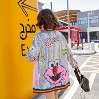 new chic sequined cartoon embroidery jacket women autumn korean loose fashion outerwear female long sleeve hip hop jackets coat