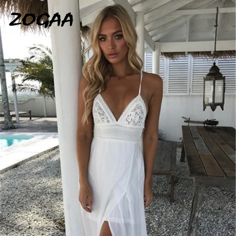 

ZOGAA Women Boho Lace Split Long Maxi Dress Ladies Sexy V-neck Evening Party Dresses White Red Plus Size