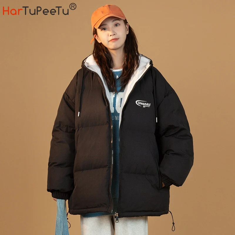 

Girls Winter Jacket Warm Thick Quilted Down Cotton Padded Long Hooded Coat 2021 New Arrival Preppy Style Loose Frigid Outwear