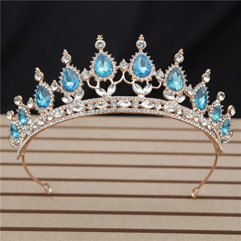 Gold Light Blue Винтажная красная Хрустальная свадебная корона, Цветочная повязка на голову, свадебные диадемы и короны для королевы, выпускного, свадебные украшения для волос, аксессуары для головы - Окраска металла: Gold Light Blue