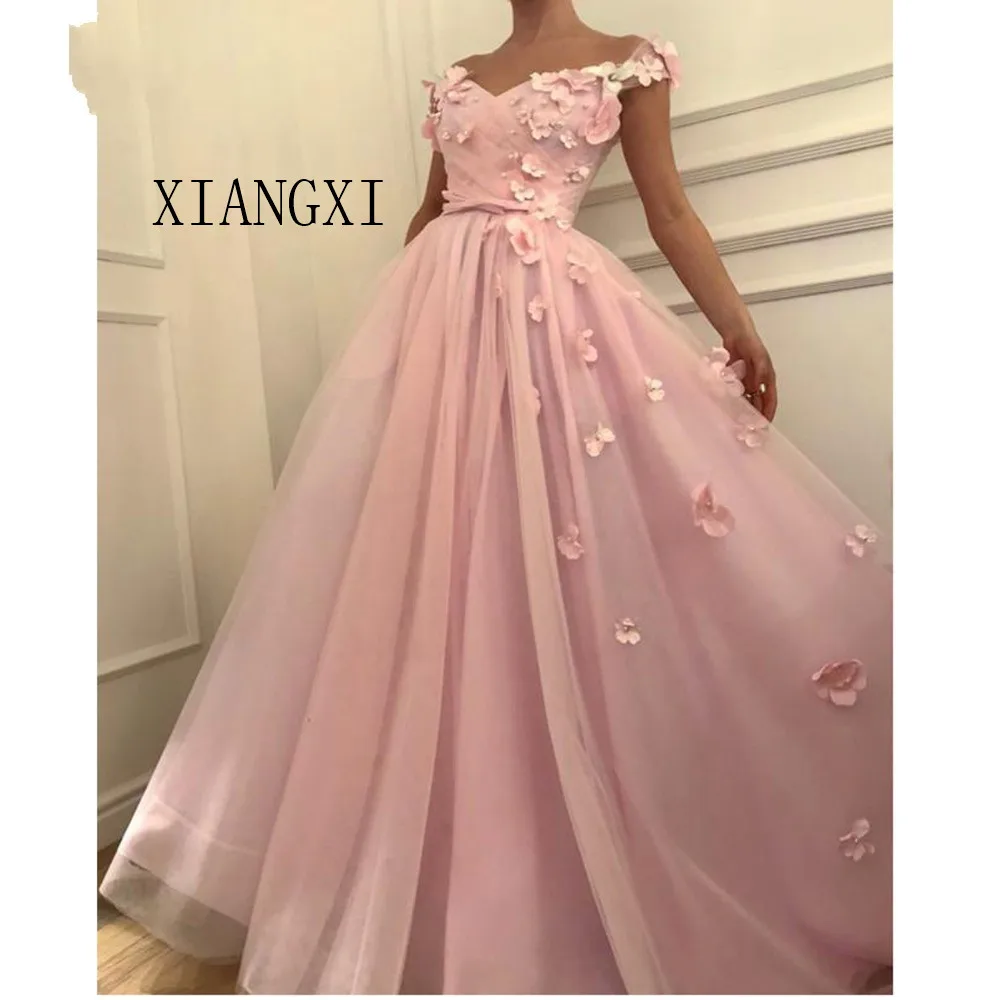 

Blush Pink Flower A-line Long Prom Dresses Pearls Formal Party Dress Plus Size Evening Dress V-neck Tulle Long Prom Gowns