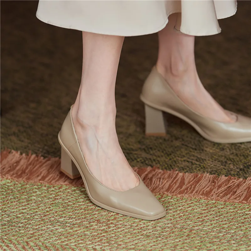 

MORAZORA 2021 Genuine Leather High Heels Shoes Summer Shallow Women Pumps Fashion Square Toe Party Wedding Shoes Apricot
