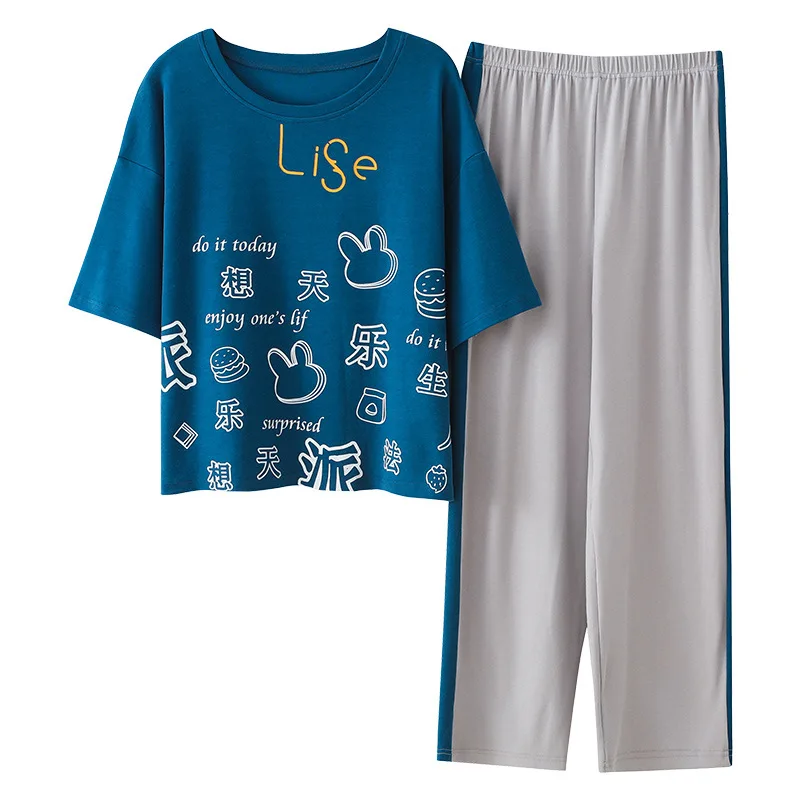

Summer cotton pajamas women short-sleeved trousers thin suit Korean casual plus size home service cartoon pajamas women