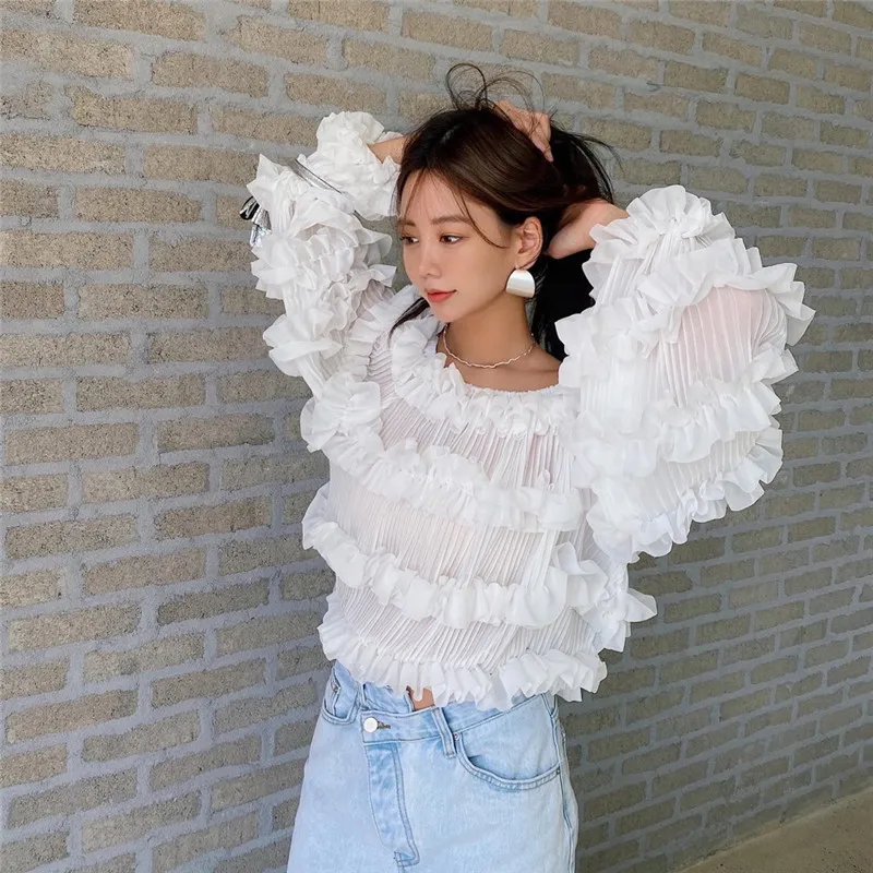 

Ins Hot Summer Shirt for Lady Elegant Fashion Ruffles Sweet Shirt 2020 New Hot Summer Shirt Elegant Going Out Shirt for Ladies