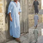 Мужская длинная рубашка из хлопка и льна, длинная свободная рубашка с глубоким V-образным вырезом, в стиле Саудовской Аравии, мусульманского Дубая, средней длины, Прямая поставка, 2022