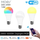 МОС WiFi умная светодиодная затемнения светильник лампы 14 Вт RGB C + W приложение Smart Life ритм Управление работать с Alexa Google Home E27 220-240V