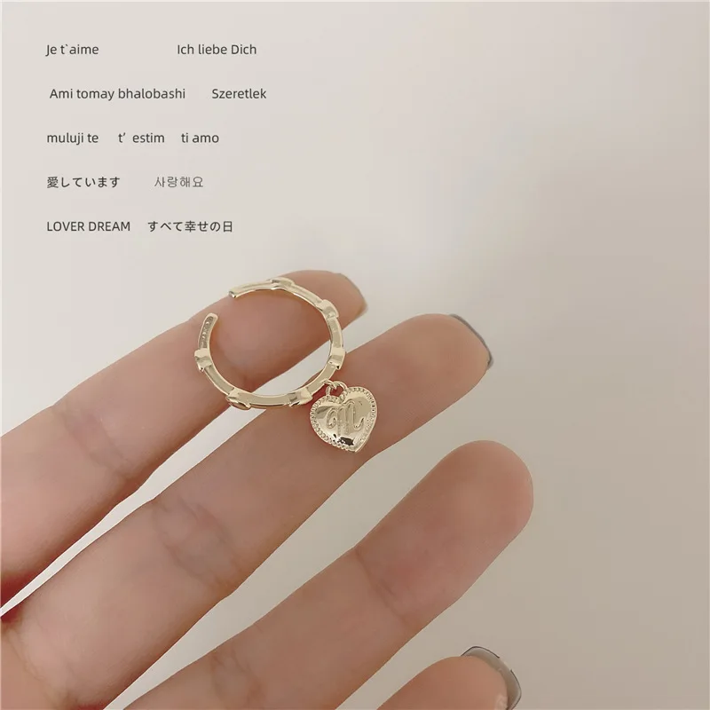 

2020 Korean Vintage Gold Silver Color Heart Pendant Rings For Women Letter Love Cute Girl Open Rings Fashion Jewelry Accessory