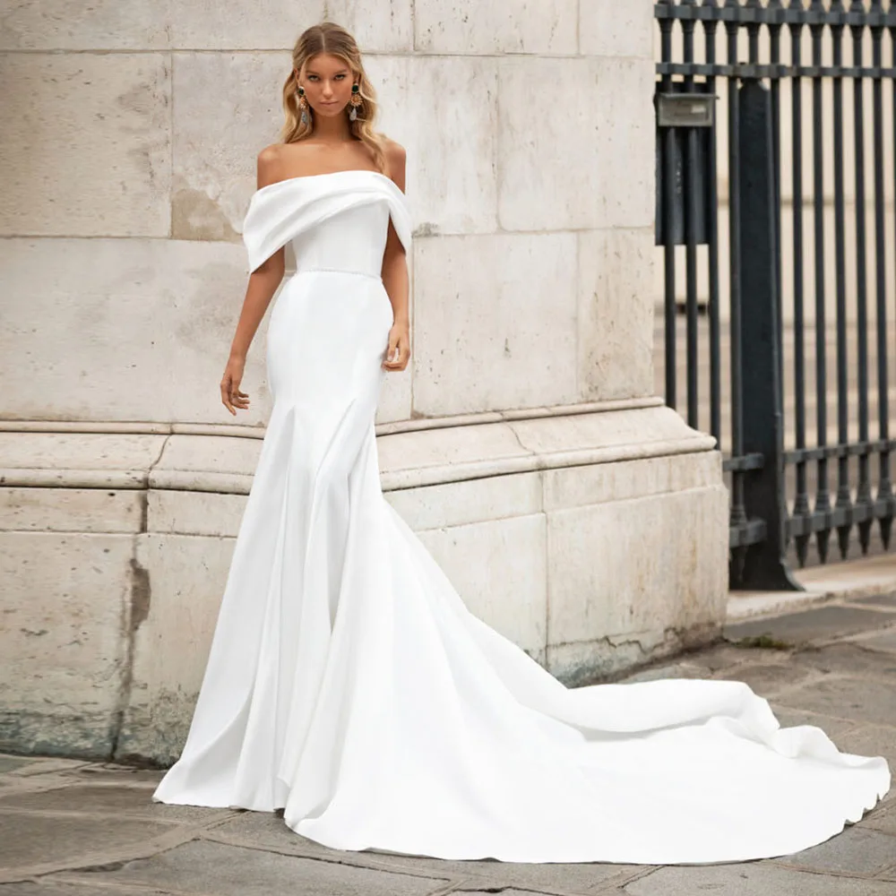 

UETEEY Satin Mermaid Wedding Dress Simple Hochzeitskleid Boat Neck Bridal Gowns Trouwjurk Beading 2022 Vestido de Noiva Sereia