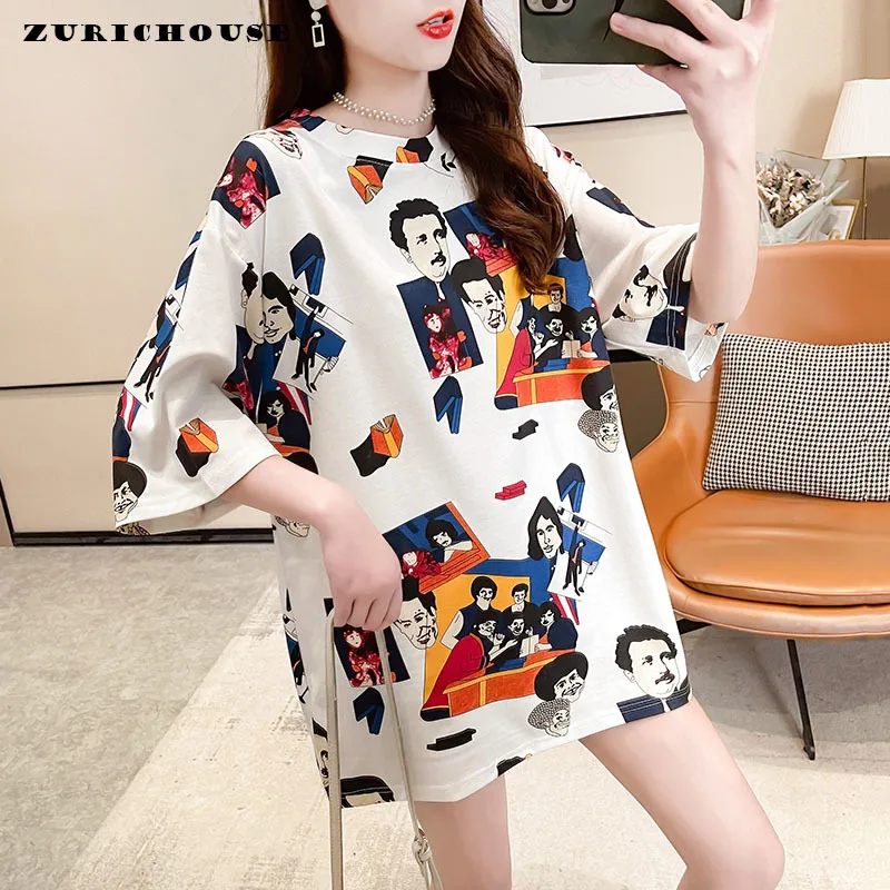 

Женская футболка с круглым вырезом ZURICHOUSE, летняя футболка большого размера с коротким рукавом и мультяшным принтом в Корейском стиле Харад...