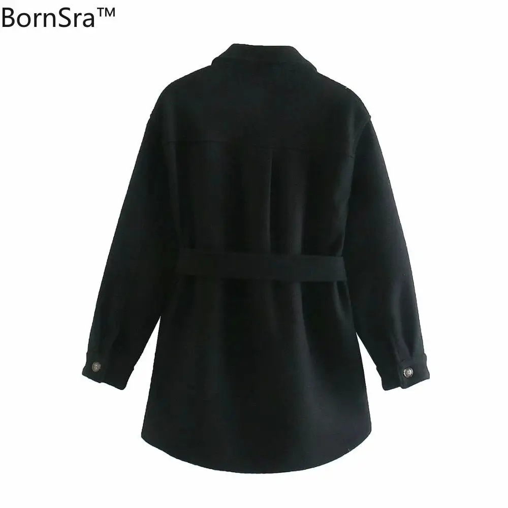 

bornsra Za Women 2020 Fashion With Belt Loose Woolen Jacket Coat Vintage Long Sleeve Side Pockets Female Outerwear Chic Overcoat