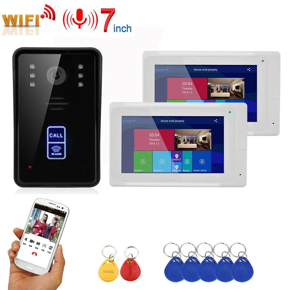 Беспроводной видеодомофон 2 монитора 7 дюймов Wi Fi RFID домофон система доступа с