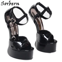 sorbern black patent women sandals platform 22cm heelless slingback summer shoes ankle straps custom lady shoe fetish no heels