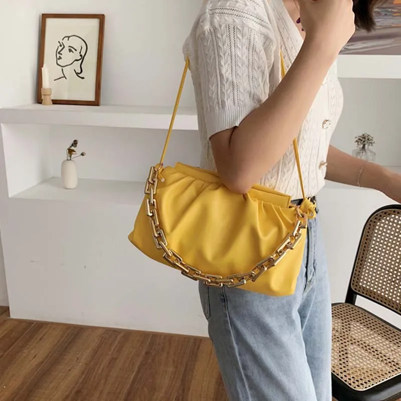 

Daily Clutch Thick Gold Chains Dumpling Clip Purse Bag Women Cloud Underarm Shoulder Bag Pleated Baguette Pouch Totes Handbag