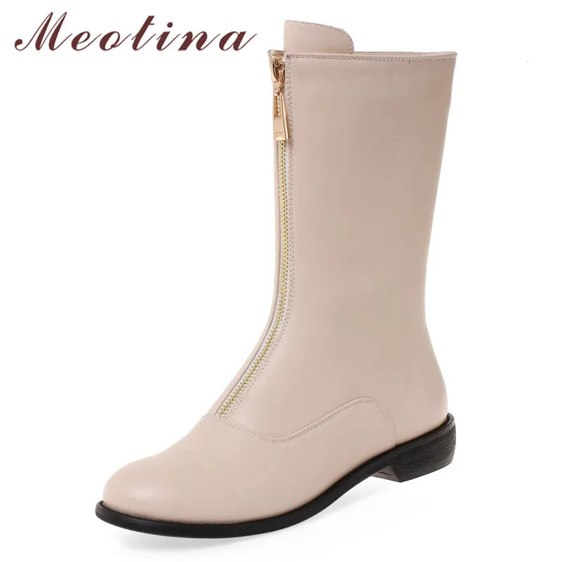 

Meotina Autumn Mid Calf Boots Women Boots PU Leather Thick Heels Boots Zipper Round Toe Shoes Female Winter Red Plus Size 33-46