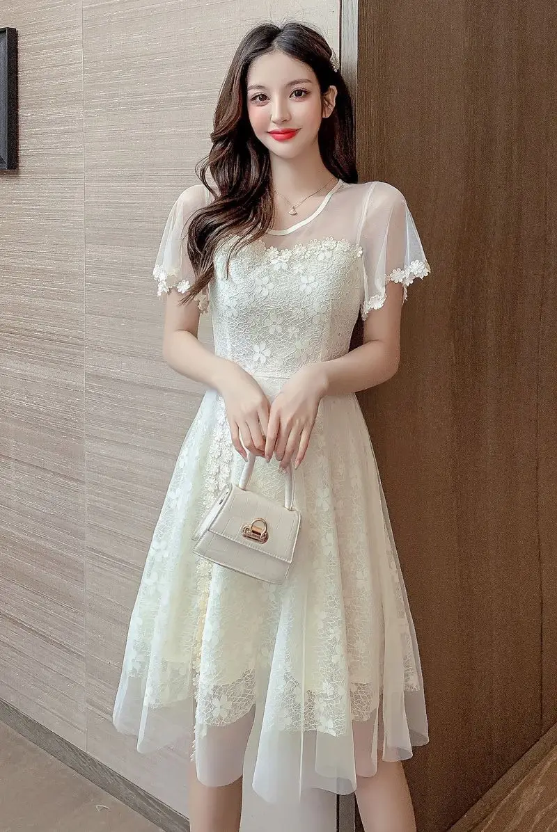 

COIGARSAM Lace Women dress New Summer High Waist Dresses Black Apricot 9501