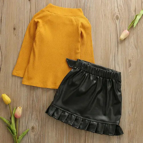 

Kids Toddler Baby Girl Solid Knitted Tops Pu Leather Dress Mini Skirt Outfits 2020