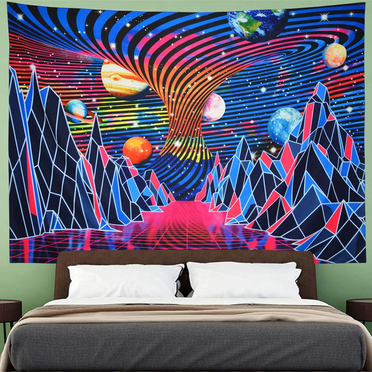 

Trippy Mountain and Planet Tapestry Hippie Tornado Waves Retro Abstract Space Landscape Galaxy Stars Wall Hanging