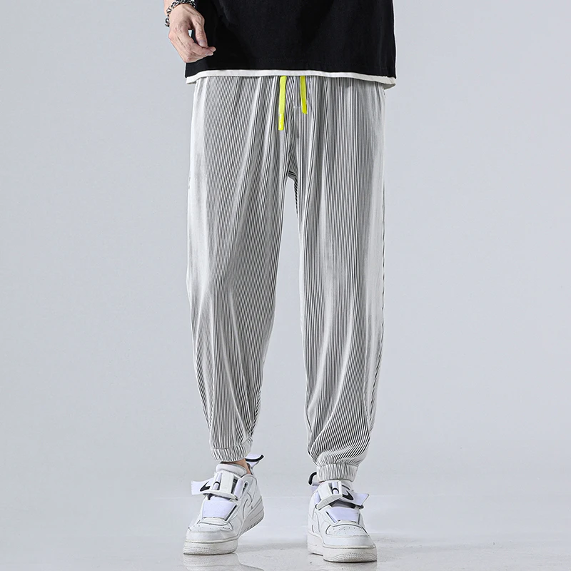 

Spring and summer tie foot striped ice silk casual pants ultra-thin summer pants new fast dry nine