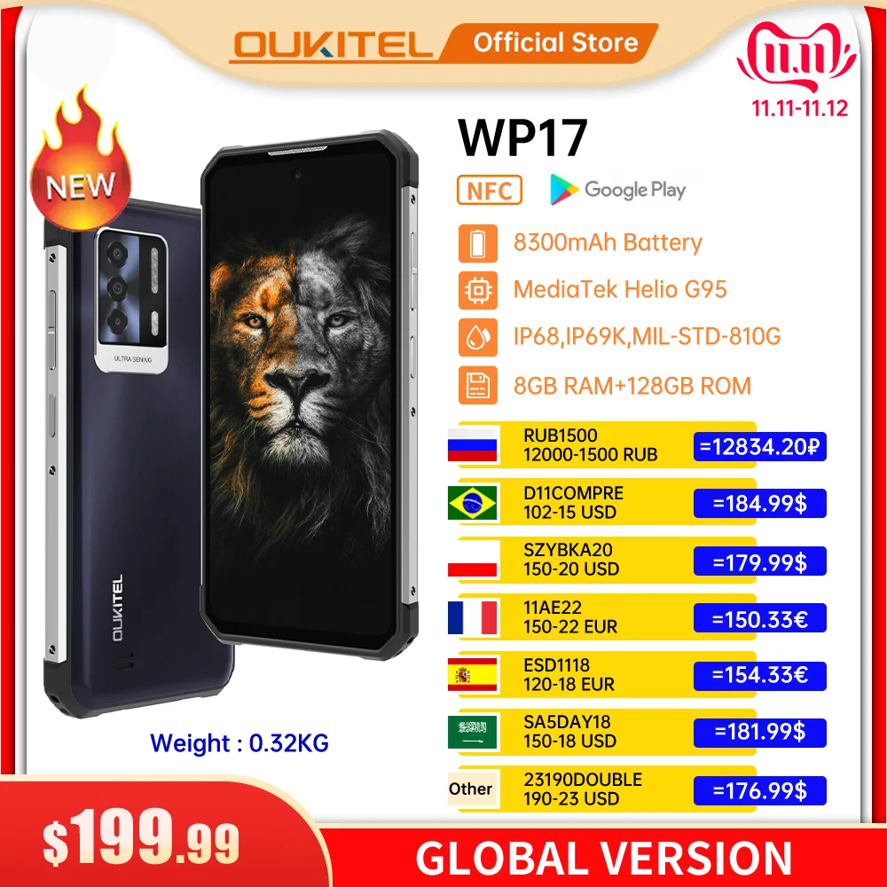 

2022 NEW [World Premiere] Oukitel WP17 Rugged Smartphone 8300MAH 8GB+128GB 6.78"FHD+ Android 11 Mobile Phone 64M+16M NFC